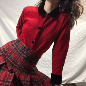 Cherry Red Vintage Collared Black Trim Cardigan